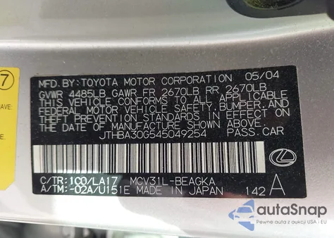 2004 Lexus Es 330 z USA, uszkodzony, nr VIN JTHBA30G545049254